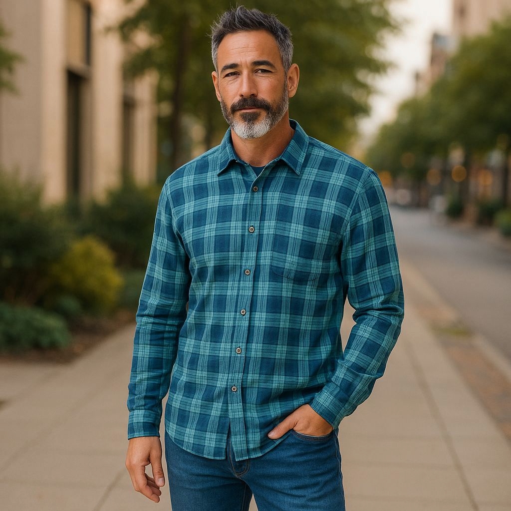 Nwot 32 Bar Blues Men's Turqoise/Navy Plaid Shirt. Medium.